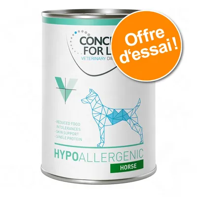 Boîte Concept for Life Veterinary Diet Hypoallergenic Horse pour chien, texte visible : Reduced food intolerances, skin support, single protein. Pastille orange : Offre d’essai !