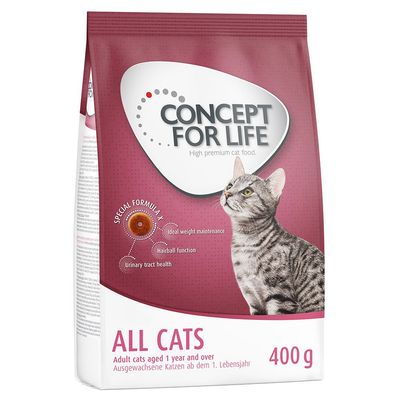 Concept for Life cat food, 400g, for adult cats aged 1 year and over. Special formula supports weight maintenance, hairball function, and urinary tract health.