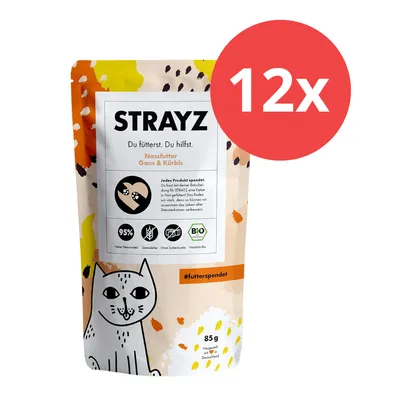 STRAYZ Nassfutter Gans & Kürbis, 12x85g. Hoher Fleischanteil, getreidefrei, ohne Zuckerzusatz, natürlich Bio. Hergestellt in Deutschland. Jede Packung unterstützt Streunerkatzen. STRAYZ Nassfutter Gans & Kürbis, 12x85g. Hoher Fleischanteil, getreidefrei, ohne Zuckerzusatz, natürlich Bio. Hergestellt in Deutschland. Jede Packung unterstützt Streunerkatzen.