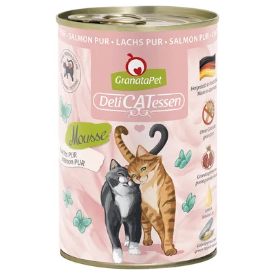 GranataPet DeliCATessen Mousse Lohi PUR. Valmistettu Saksassa, viljaton, sisältää granaattiomenansiemeniä, pellavaöljyä ja viherhuulisimpukkaa. Ei eläinkokeita.