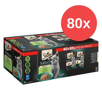 Sheba Kitten Mega-Pack, 40x85g nourriture humide pour chats. Contient oméga-3, sans colorants ni conservateurs artificiels. Convient aux chatons de 2 à 12 mois.