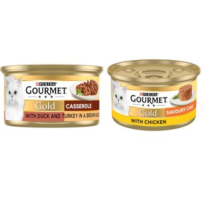 Tin labelled Gourmet Gold chunks in gravy with chicken and liver, showing food pieces in sauce on a plate.