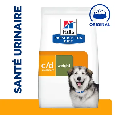 Sac Hill's Prescription Diet c/d multicare weight pour chien, texte visible : SANTÉ URINAIRE, ORIGINAL. Photo d’un chien sur l’emballage.