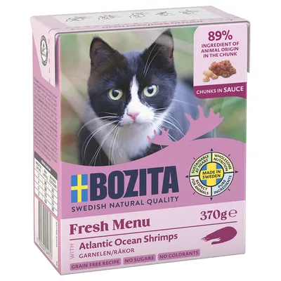 Bozita Fresh Menu med räkor, 370g. 89% animaliska ingredienser i bitar, Made in Sweden, spannmålsfri, utan socker och färgämnen.