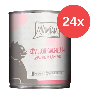 Mjamjam Köstliche Garnelen an saftigem Hühnchen, getreidefrei, mit Meeresfrüchten. Packung mit 24 Dosen.