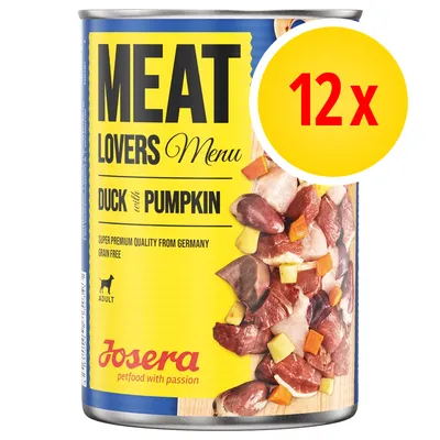 Confezione da 12 Josera Meat Lovers Menu Duck with Pumpkin, alimento umido per cani adulti, senza cereali, qualità super premium dalla Germania. Testo in inglese visibile sull'etichetta. Confezione da 12 Josera Meat Lovers Menu Duck with Pumpkin, alimento umido per cani adulti, senza cereali, qualità super premium dalla Germania. Testo in inglese visibile sull'etichetta.