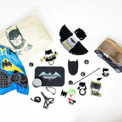 Batman-Themen-Spielzeugset für Haustiere, inklusive Stofftasche, Spielzeugfiguren, Kratzmatte, Umhang und Zubehör mit Batman-Logo.