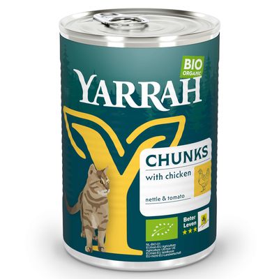 Yarrah Bio Organic Chunks met chicken, brandnetel & tomaat. EU-bio-keurmerk, Beter Leven 3 sterren. Blik met afbeelding van een kat.