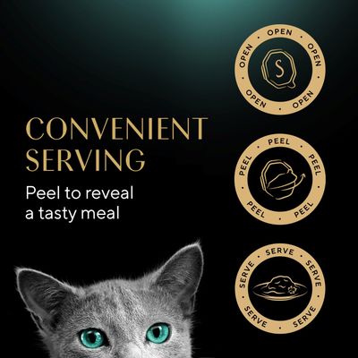 Instructions: Open the packaging, peel off the film and serve the meal. Text: Convenient Serving, Peel to reveal a tasty meal.