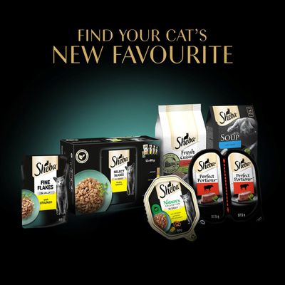 Sheba cat food products: Fine Flakes with chicken, Select Slices in Gravy, Fresh Cuisine, Soup with tuna, Nature's Collection in Gravy, Perfect Portions. Text: Find your cat’s new favourite.