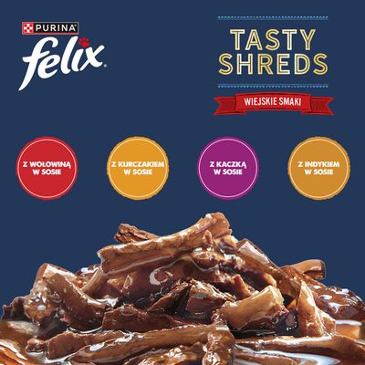 Purina Felix Tasty Shreds, cztery smaki: z wołowiną, kurczakiem, kaczką i indykiem w sosie. Zdjęcie produktu z kawałkami mięsa w sosie.