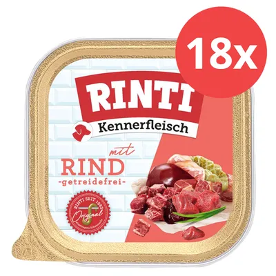 RINTI Kennerfleisch mit Rind, getreidefrei. Packung zeigt Fleischstücke und Zutaten. Hinweis: 18x Portionen. Seit 1983 Original Rezeptur.