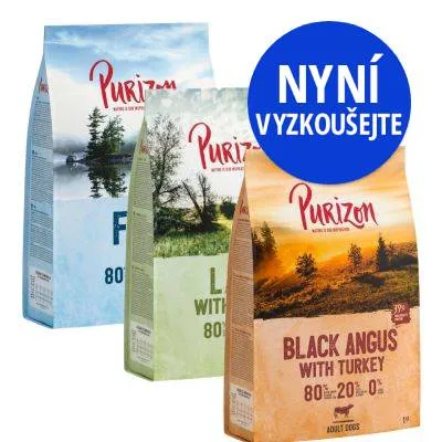 Tři balení krmiva Purizon: Fish 80 %, Lamb with Fish 80 %, Black Angus with Turkey 80 %. Modrý kruh s textem NYNÍ VYZKOUŠEJTE. Tři balení krmiva Purizon: Fish 80 %, Lamb with Fish 80 %, Black Angus with Turkey 80 %. Modrý kruh s textem NYNÍ VYZKOUŠEJTE.