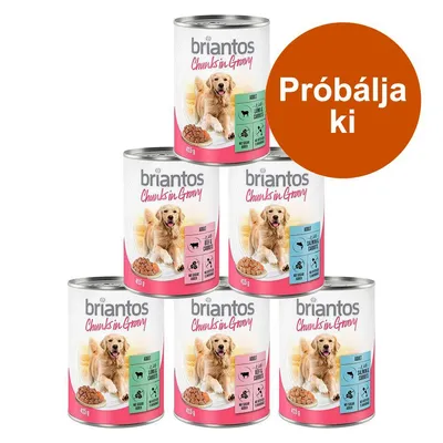 briantos Chunks in Gravy konzerv kutyaeledel, 415 g, különböző változatokkal. Narancssárga körben: Próbálja ki briantos Chunks in Gravy konzerv kutyaeledel, 415 g, különböző változatokkal. Narancssárga körben: Próbálja ki