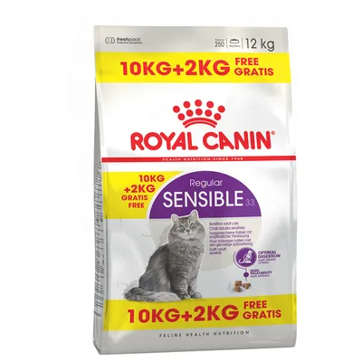 ROYAL CANIN Regular Sensible 33 cat food, 12 kg bag with 10 kg + 2 kg free offer. Image shows a grey cat and visible text: 'Optimal Digestion', 'High Palatability'.