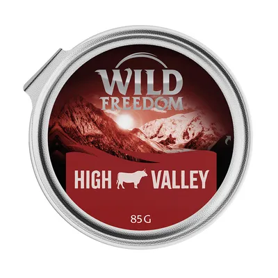 Embalagem de alimento húmido Wild Freedom High Valley, 85 g. Texto visível: HIGH VALLEY com ícone de vaca.