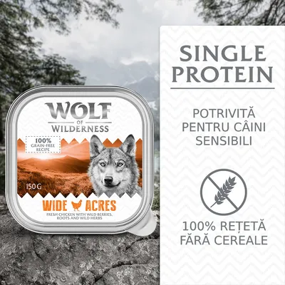Wolf of Wilderness Wide Acres, 150 g. Single Protein. Potrivită pentru câini sensibili. 100% rețetă fără cereale. 100% grain-free recipe. Fresh chicken with wild berries, roots and wild herbs.