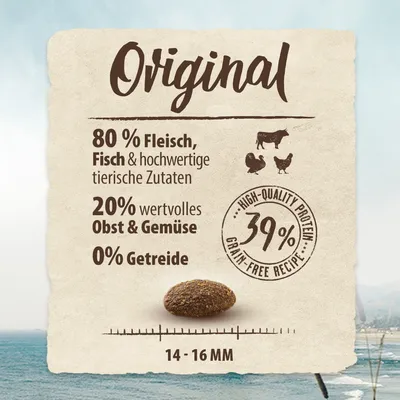 Original Rezept: 80% Fleisch, Fisch & hochwertige tierische Zutaten, 20% Obst & Gemüse, 0% Getreide. High-Quality Protein 39%. Kroketten-Grösse 14-16 mm.