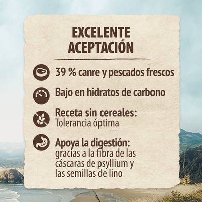 Excelente aceptación. 39 % carne y pescados frescos. Bajo en hidratos de carbono. Receta sin cereales: tolerancia óptima. Apoya la digestión: fibra de psyllium y semillas de lino.