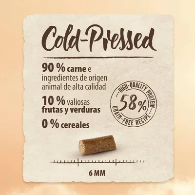 Cold-Pressed. 90 % carne e ingredientes de origen animal, 10 % frutas y verduras, 0 % cereales. Sello: High-quality protein 58 %, grain-free recipe. Tamaño del pellet: 6 mm.