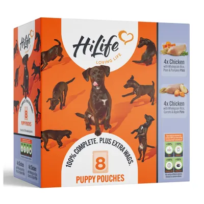Box containing 8 puppy pouches, 4 with chicken, wholegrain rice, peas and pumpkin pâté, and 4 with chicken, wholegrain rice, carrots and apple pâté. No artificial flavours or preservatives. Box containing 8 puppy pouches, 4 with chicken, wholegrain rice, peas and pumpkin pâté, and 4 with chicken, wholegrain rice, carrots and apple pâté. No artificial flavours or preservatives.