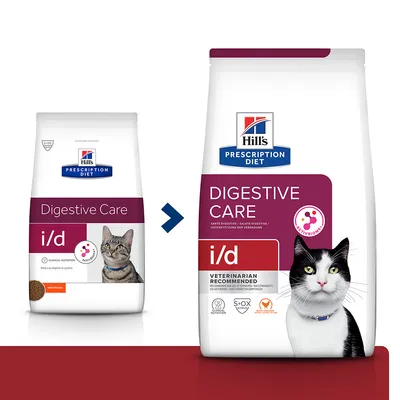 Hill's Prescription Diet Digestive Care i/d hrana za mačke, prikaz stare i nove ambalaže s fotografijama mačaka i oznakom ActivBiome+ na obje vrećice.