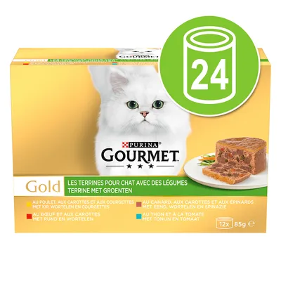 Purina Gourmet Gold Terrine für Katzen mit Gemüse, 12x85g. Sorten: Huhn, Ente, Rind, Thunfisch. Verpackung zeigt weisse Katze und Produktabbildung. Grünes Symbol: 24 Dosen. Purina Gourmet Gold Terrine für Katzen mit Gemüse, 12x85g. Sorten: Huhn, Ente, Rind, Thunfisch. Verpackung zeigt weisse Katze und Produktabbildung. Grünes Symbol: 24 Dosen.