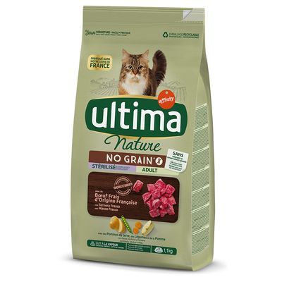 Verpakking Ultima Nature No Grain Adult kattenvoer, 1,1 kg. Sterilisé, rundvlees van Franse oorsprong, zonder granen. Afbeelding kat en ingrediënten zichtbaar op de voorkant.