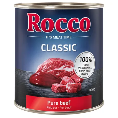 Boîte Rocco Classic Pure beef 800 g, texte visible : 100% fresh ingredients & grain-free recipe, Rind pur · Pur bœuf, morceaux de viande rouge sur l’étiquette.