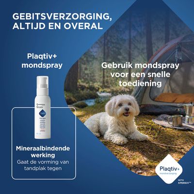Plaqitv+ Mondspray, mineraalbindende werking tegen tandplak. Toepassing overal mogelijk, snelle toediening met mondspray.