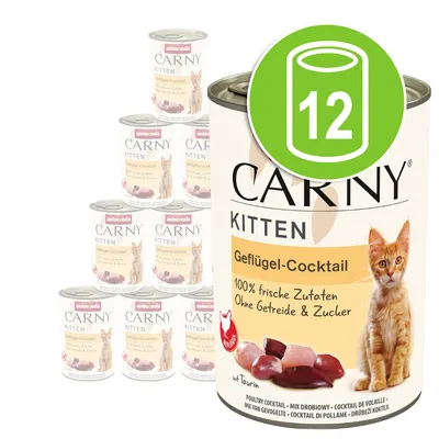 Lot de 12 boîtes Animonda Carny Kitten Geflügel-Cocktail, texte visible : 100 % frische Zutaten, Ohne Getreide & Zucker, avec image de chaton et morceaux de viande sur l’étiquette. Lot de 12 boîtes Animonda Carny Kitten Geflügel-Cocktail, texte visible : 100 % frische Zutaten, Ohne Getreide & Zucker, avec image de chaton et morceaux de viande sur l’étiquette.