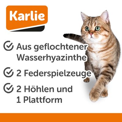 Kratzbaum aus geflochtenem Naturmaterial mit zwei Höhlen und Spielzeugfedern, geeignet für Katzen.