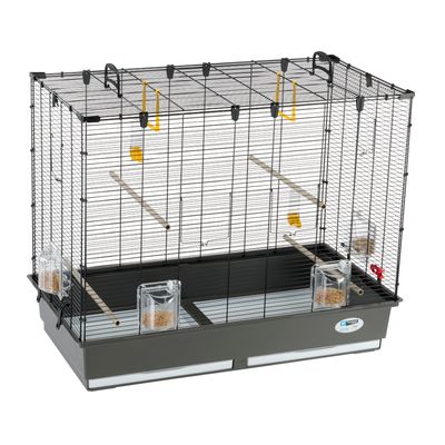 Wire cage with four perches, four clear food containers, two yellow hanging accessories, and a grey plastic base with pull-out trays.