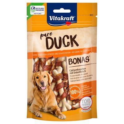 Vitakraft Pure Duck Bonas, ossi di calcio con carne d'anatra. Senza cereali, senza additivi. Meno plastica, stesso contenuto. 100% carne magra d'anatra nella parte carne.