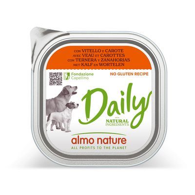 Almo Nature Daily hondenvoer, met kalf en wortelen, no gluten recipe, natural ingredients. Fondazione Capellino. All profits to the planet.
