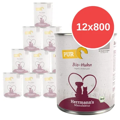 Herrmann's Manufaktur PUR Bio-Huhn, 12×800 g konzerv. Text: Organic chicken pure, für Hunde & Katzen, Bio.