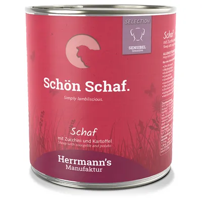 Herrmann's Manufaktur Schön Schaf. Selection Sensibel. Schaf mit Zucchini und Kartoffel. Simply lambliscious. Testo in tedesco e inglese sull'etichetta della lattina.