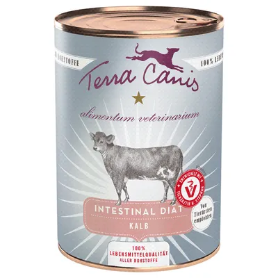 Terra Canis Intestinal Diet Veal. 100% human-grade ingredients. Developed with veterinarian H. Stephan, recommended by veterinarians.