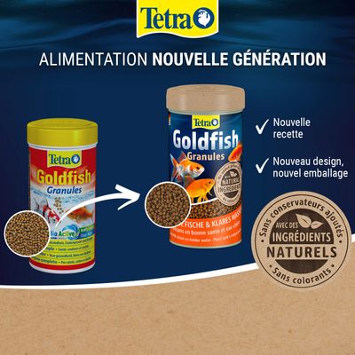 Tetra Goldfish Granules avec nouveau design et recette, ingrédients naturels, sans conservateurs ni colorants. Comparaison de l'ancien et du nouveau design d'emballage.