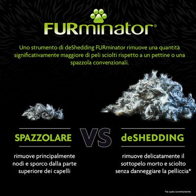 FURminator: uno strumento di deShedding rimuove più peli sciolti rispetto a pettine o spazzola. Spazzolare rimuove nodi e sporco, deShedding rimuove sottopelo morto senza danneggiare la pelliccia.