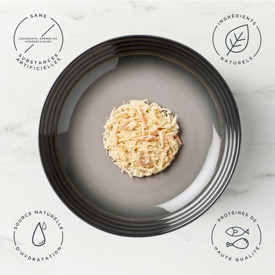 Boîte de sachets pour chat encore Chicken Selection, 5 x 50 g. Texte visible : 100% natural ingredients, 2 x chicken breast, 2 x chicken breast with duck, 1 x chicken breast with tuna fillet.