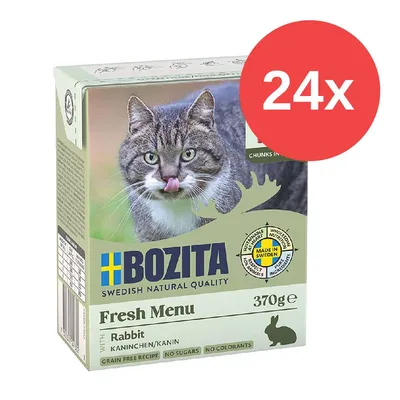 Bozita Fresh Menu królik, 370g, 24x opakowanie. Wyprodukowano w Szwecji, bez cukru, bez barwników, bez zbóż. Bozita Fresh Menu królik, 370g, 24x opakowanie. Wyprodukowano w Szwecji, bez cukru, bez barwników, bez zbóż.