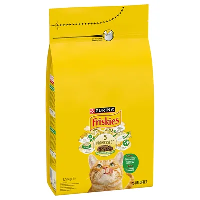 Balení Purina Friskies 1,5 kg s obrázkem kočky, texty: 5 Promesses, Sans colorants artificiels, Lapin & Poulet, Légumes avec céréales. Žlutý obal.