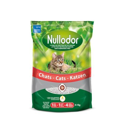 Nullodor kattenbakvulling, geurbindende steentjes, verpakking met kat, tekst: Chats – Cats – Katzen, 6 kg. Pictogrammen tonen gebruiksduur en absorptie per kat.