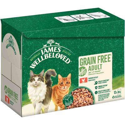 James Wellbeloved Grain Free Adult cat food, chicken in jelly, 12 x 85g. Box shows two cats, product name, and key claims: healthy digestion, immune system, skin & coat. Recyclable cardboard.