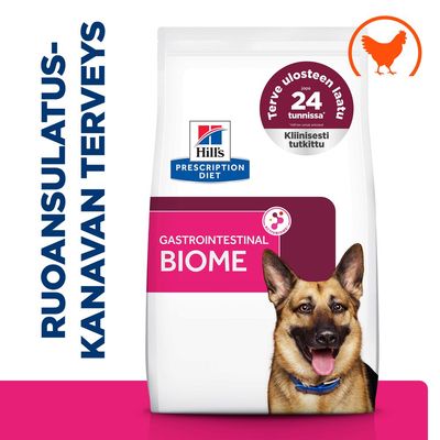 Hill's Prescription Diet Gastrointestinal Biome, kliinisesti testattu, terve ulosteen laatu 24 tunnissa, kanan symboli, Teksti: RUOANSULATUSKANAVAN TERVEYS.