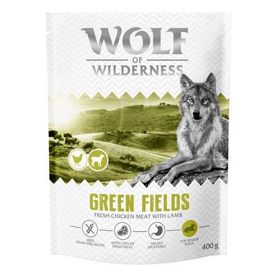 Wolf of Wilderness Green Fields, färskt kycklingkött med lamm, 100 % spannmålsfritt recept, med mycket färskt kött, lättsmält, för äldre hundar, 400 g