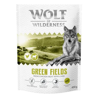 Wolf of Wilderness Green Fields, färskt kycklingkött med lamm, 100 % spannmålsfritt recept, med mycket färskt kött, lättsmält, för äldre hundar, 400 g