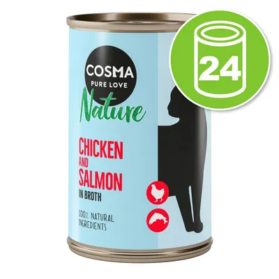Cosma Nature Chicken and Salmon in Broth, 100% natural ingredients, lot de 24 boîtes. Texte en anglais sur l’emballage. Cosma Nature Chicken and Salmon in Broth, 100% natural ingredients, lot de 24 boîtes. Texte en anglais sur l’emballage.
