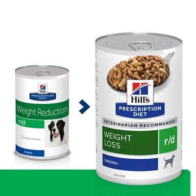 Hill's Prescription Diet Weight Reduction r/d tin beside new Hill's Prescription Diet Weight Loss r/d Original dog food tin, showing packaging update. Both tins display visible product names. Hill's Prescription Diet Weight Reduction r/d tin beside new Hill's Prescription Diet Weight Loss r/d Original dog food tin, showing packaging update. Both tins display visible product names.